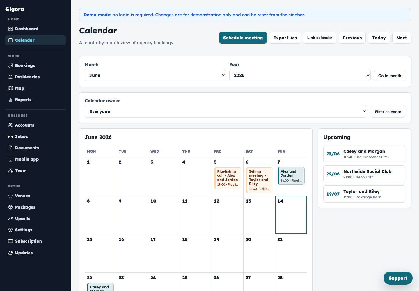 Gigora calendar view showing upcoming events