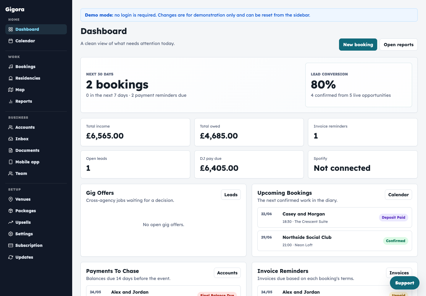Gigora dashboard showing bookings, income, leads and payment reminders