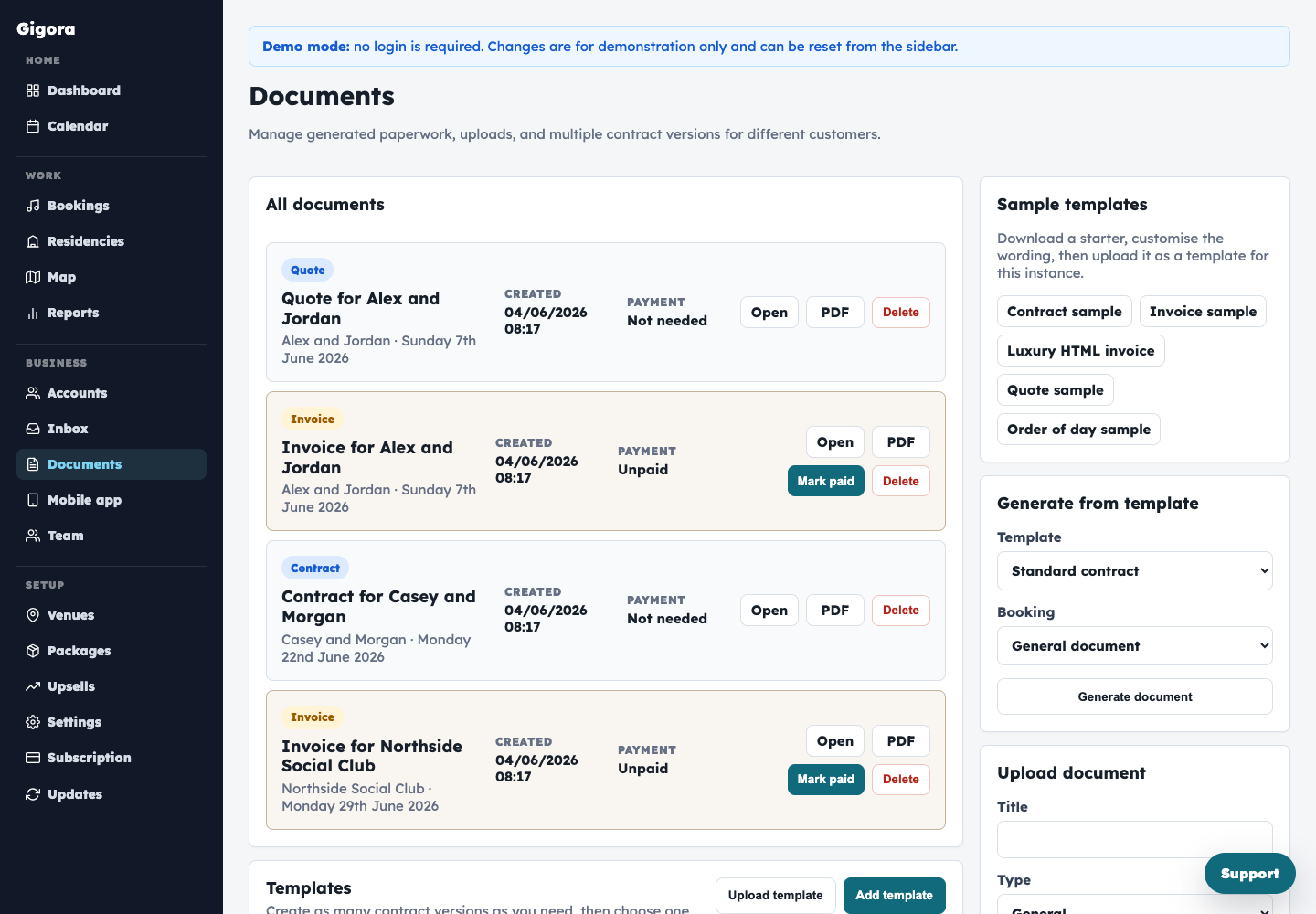 Gigora documents page showing invoices, quotes and templates